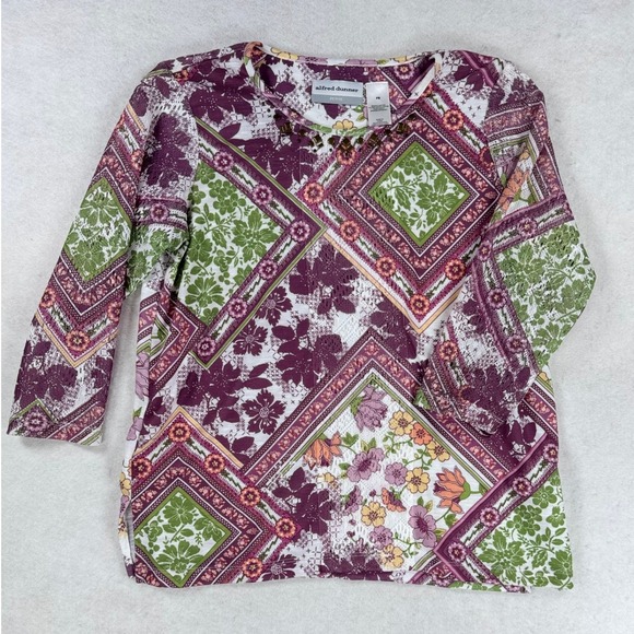 Alfred Dunner Tops - Alfred Dunner Petite Patchwork Floral Embellished Top Purple Green PS 3/4 Sleeve